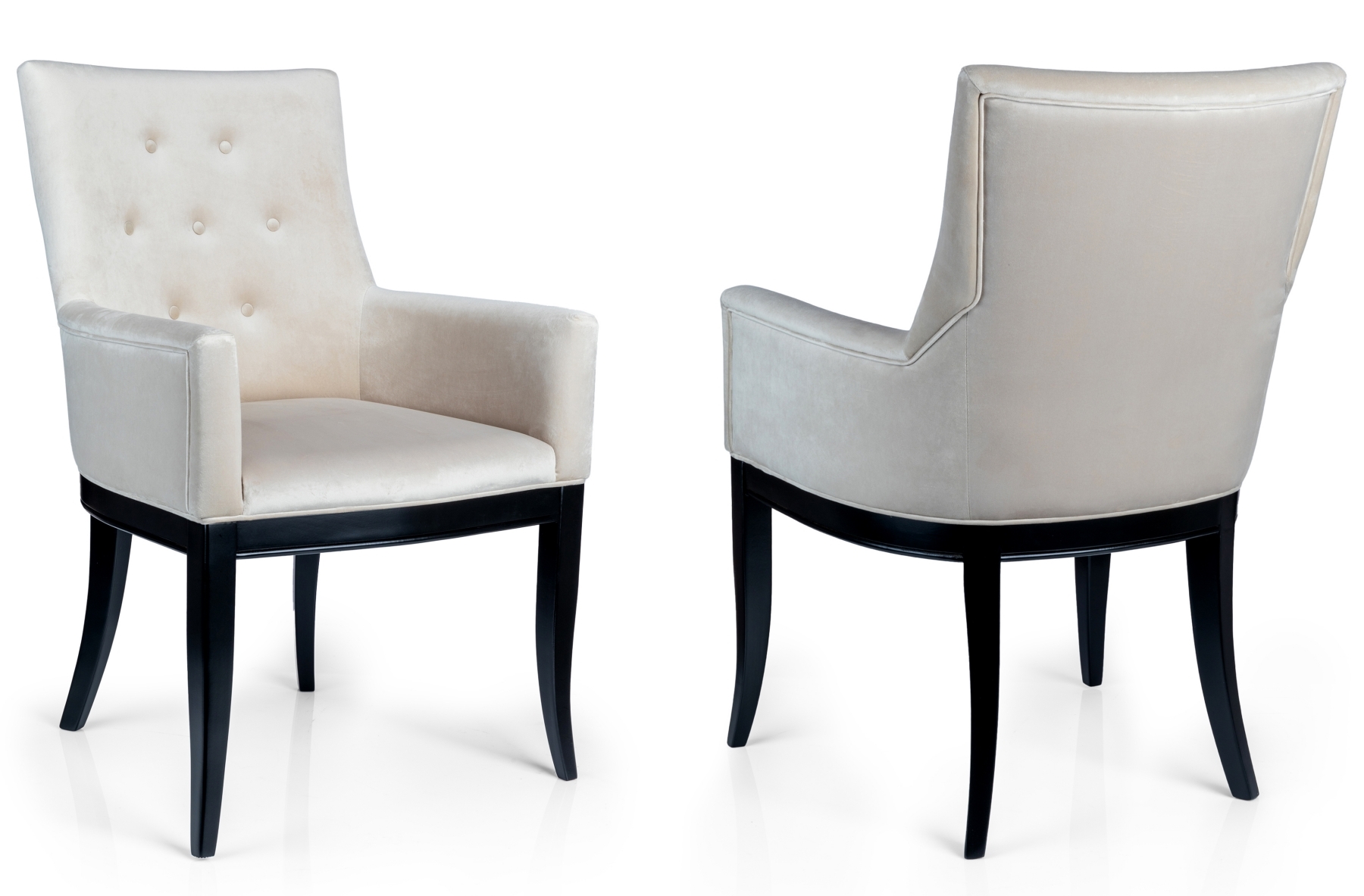 Krzesło Monte Pik tapicerowane glamour z podłokietnikami i pikowanym oparciem – widok z przodu i tyłu, tkanina welurowa, czarne nogi